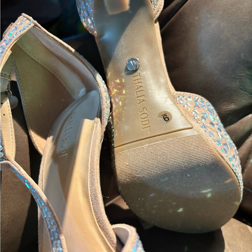 Thalia Sodi Beige Rhinestone T-Strap Peep-Toe Heels - Picture 3 of 8